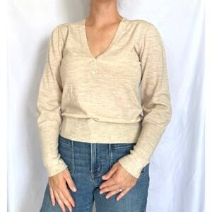 Veronica Beard Inez  Stretch Merino Deep V Henley Sweater, Oatmeal, Large